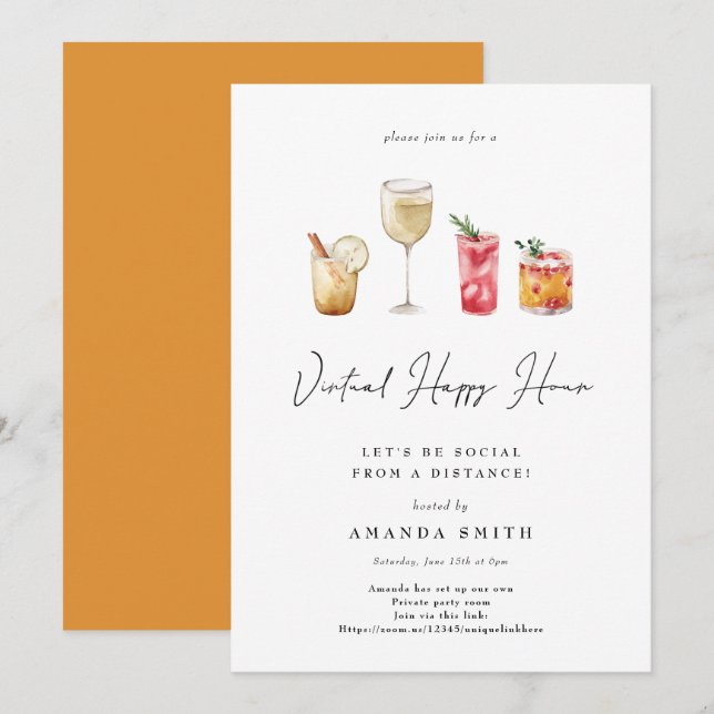 Virtual Happy Hour Cocktail Party Soziale Distanz Einladung (Vorne/Hinten)