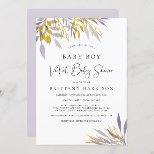 Virtual Lavender Gold Floral Baby Boy Dusche Einladung