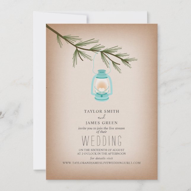 Virtual Live Stream Wedding Blue Lantern Evergreen Einladung (Vorderseite)