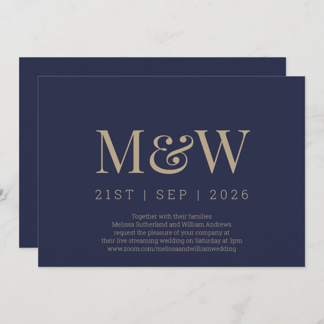 Virtual Modern Navy Gold Monogram Wedding Einladung (Vorne/Hinten)