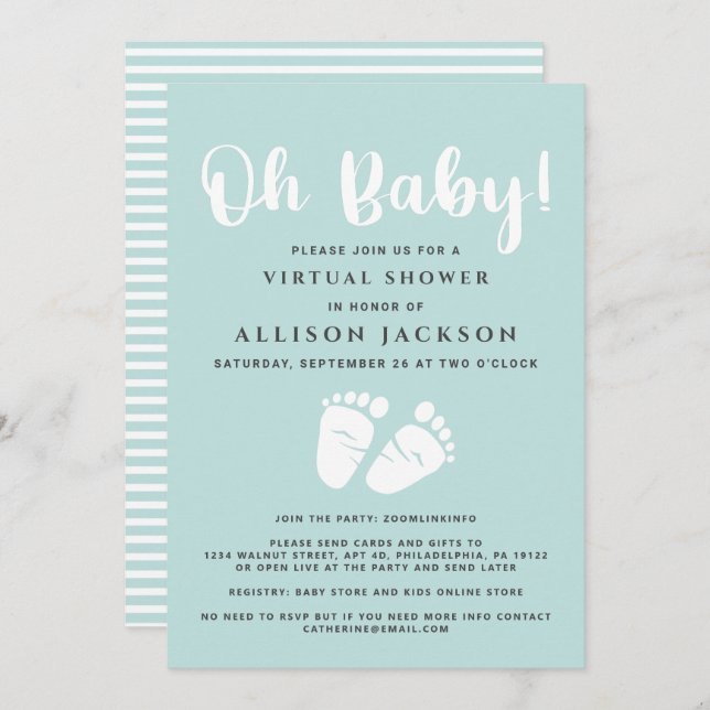 Virtual Oh Babydusche Baby Feet Light Minze White Einladung (Vorne/Hinten)