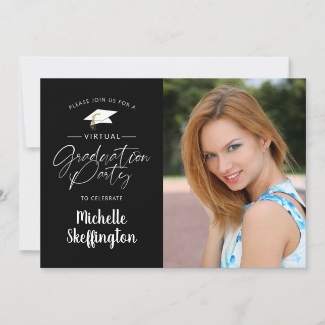 Virtual Online Graduation Party Script Foto Schwar Einladung (Vorderseite)