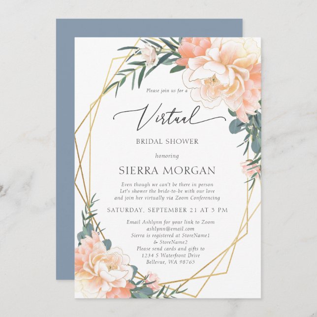 Virtual Peach Floral Gold Dusty Blue Brautparty Einladung (Vorne/Hinten)