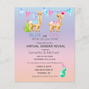 Virtual Pink Blue Llama Watercolor Gender Reveve I Flyer