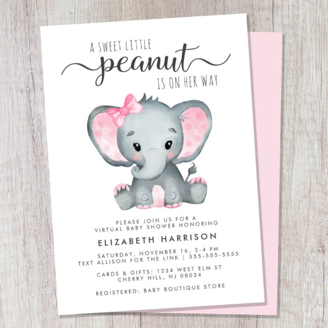 Virtual Pink Elephant Baby Girl Dusche Einladung (Cute girl virtual baby shower invitation)