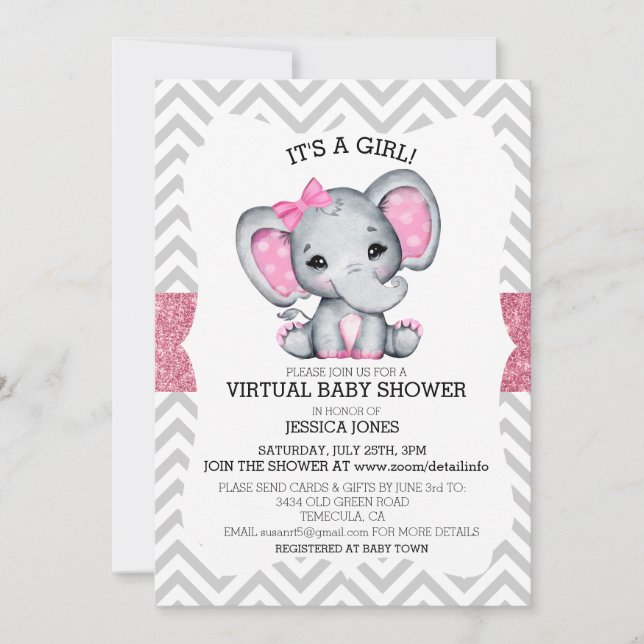 Virtual Pink Elephant Zickzack Glitzer Kinderdusch Einladung (Vorderseite)