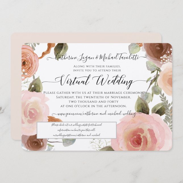 Virtual Pink Floral Watercolor Wreath Wedding Einladung (Vorne/Hinten)