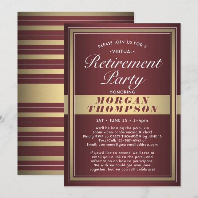 Virtual Retirement Party Burgundy White und Gold Einladung (Vorne/Hinten)