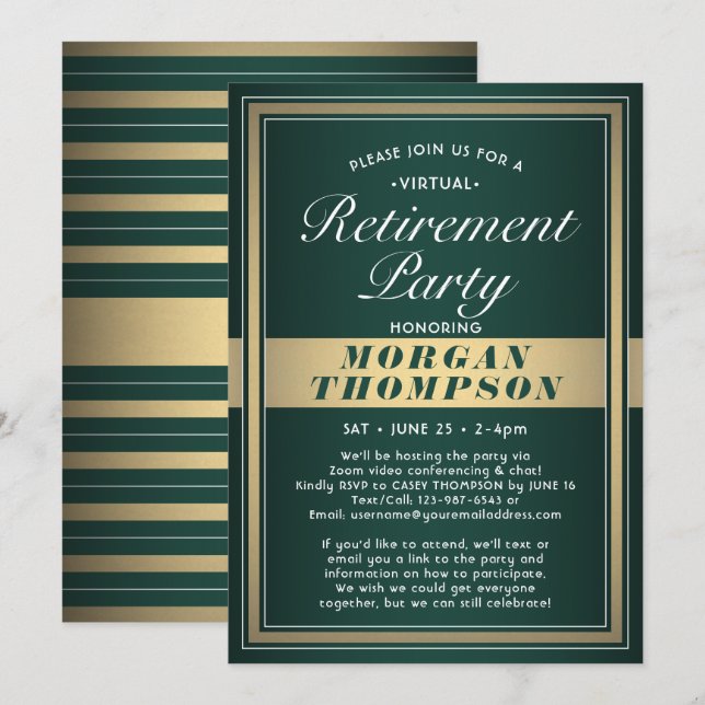 Virtual Retirement Party Grün Weiß und Gold Einladung (Vorne/Hinten)