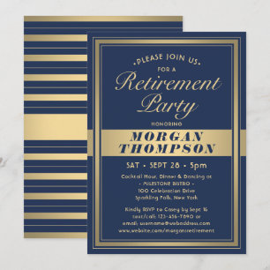 Virtual Retirement Party Navy Blue White und Gold Einladung