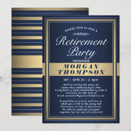 Virtual Retirement Party Navy Blue White und Gold Einladung