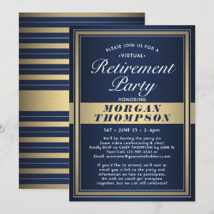 Virtual Retirement Party Navy Blue White und Gold Einladung