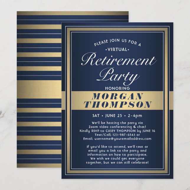 Virtual Retirement Party Navy Blue White und Gold Einladung (Vorne/Hinten)