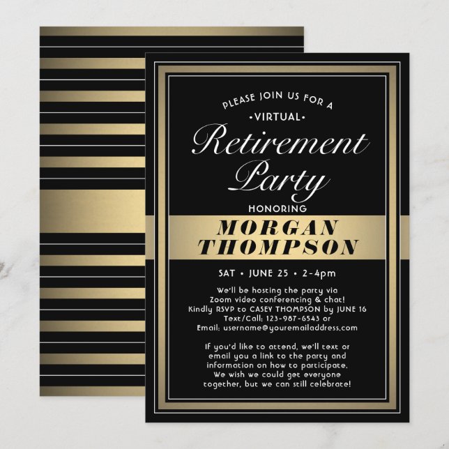 Virtual Retirement Party Schwarz-weiß und Gold Einladung (Vorne/Hinten)
