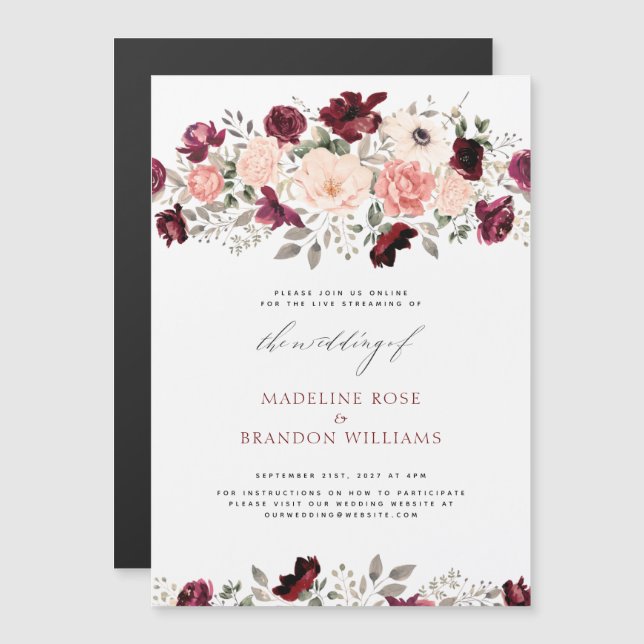 Virtual Rustic Burgundy Blush Floral Wedding Magneteinladung (Vorne/Hinten)