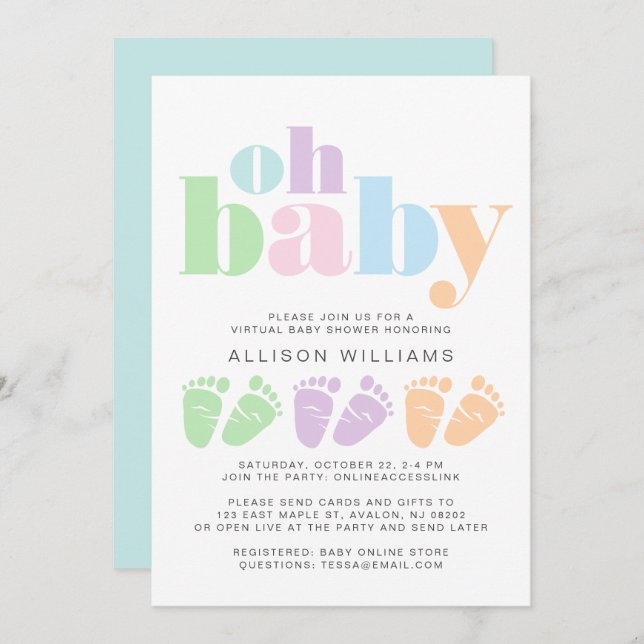 Virtual Shower Baby Feet Pastel Moderne Typografie Einladung (Vorne/Hinten)