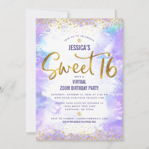 Virtual Sweet 16 Lila Watercolor Gold Geburtstag Einladung