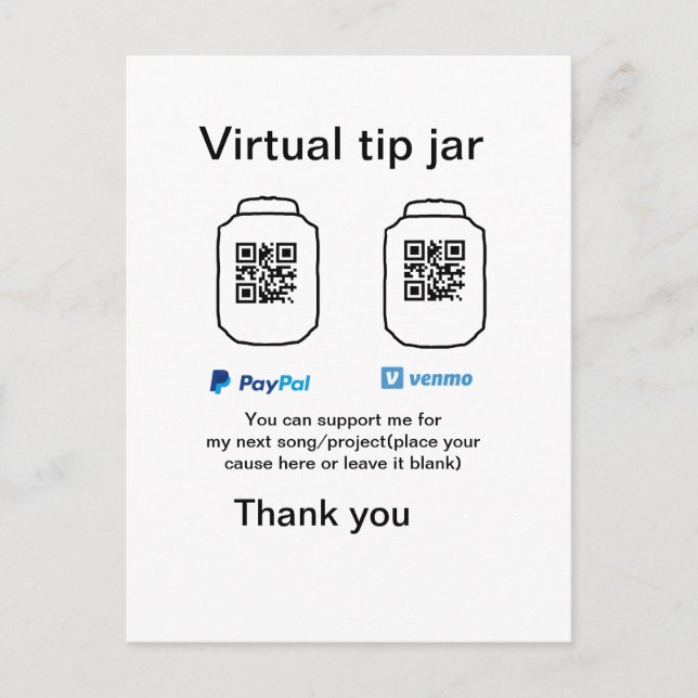 Virtual tip jar q oder Code-Geld-Spende PayPal ven Ankündigungspostkarte (Vorderseite)