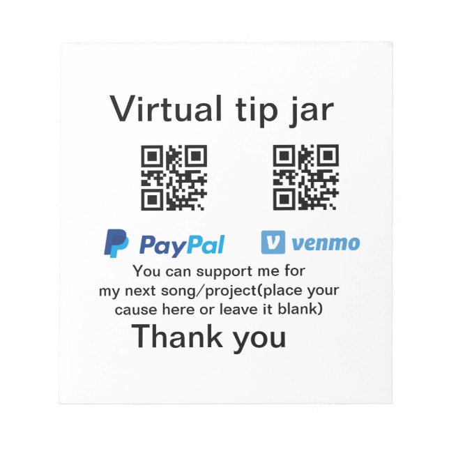 Virtual tip jar q oder Code-Geld-Spende PayPal ven Notizblock (Vorderseite)