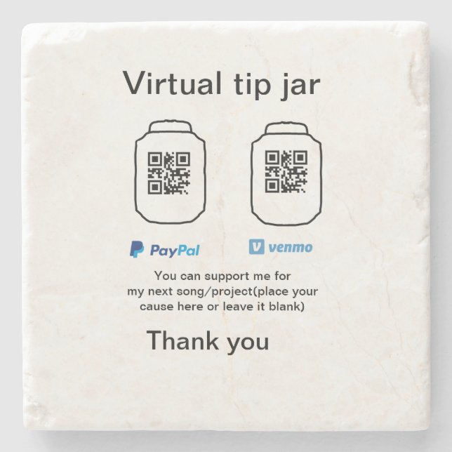 Virtual tip jar q oder Code-Geld-Spende PayPal ven Steinuntersetzer (Vorderseite)