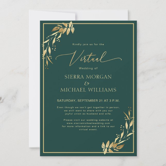 Virtual Wedding Chic Golden Foliage Smaragdgrün Einladung (Vorderseite)