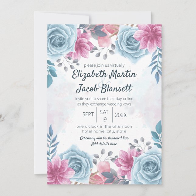 Virtual Wedding Dusty Blue Rose und Pink Floral Einladung (Vorderseite)