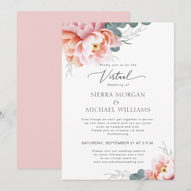 Virtual Wedding Elegante Blues Pink Peony Einladung (Vorne/Hinten)