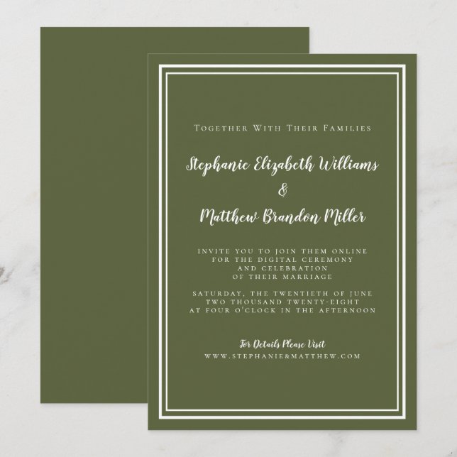 Virtual Wedding Olive Green Minimalistisch Livestr Einladung (Vorne/Hinten)