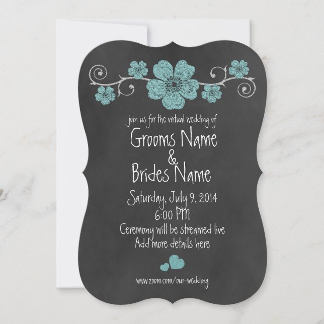 Virtual Wedding Wild Aquamarin Rose Chalkboard Einladung (Vorderseite)