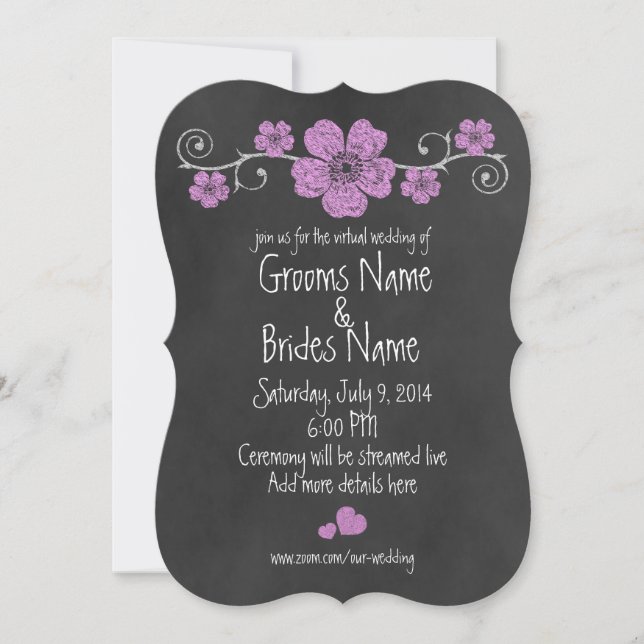 Virtual Wedding Wild Pink Roses Chalkboard Einladung (Vorderseite)