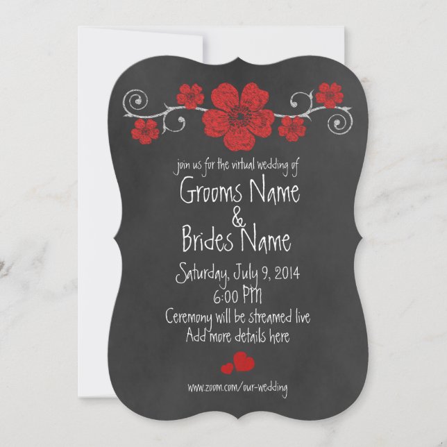 Virtual Wedding Wild Rote Rosen Chalkboard Einladung (Vorderseite)