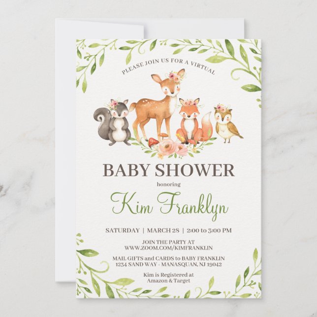 Virtual Woodland Baby Shower Einladung (Vorderseite)