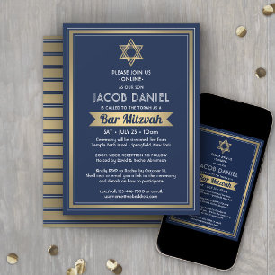 Virtual Zoom Bar Mitzvah Navy Blue White & Gold Einladung