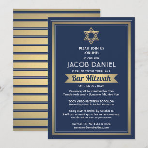 Virtual Zoom Bar Mitzvah Navy Blue White & Gold Einladung
