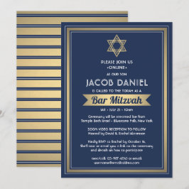 Virtual Zoom Bar Mitzvah Navy Blue White & Gold Einladung
