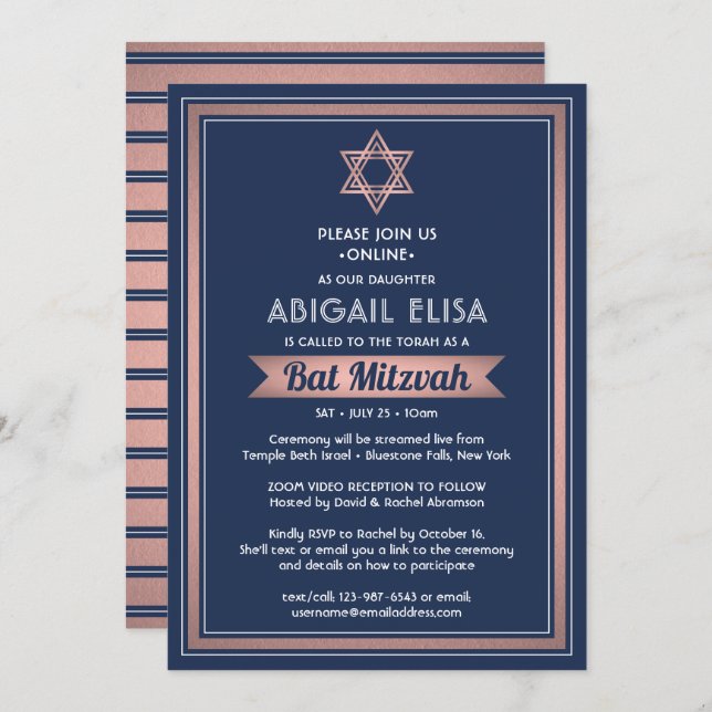 Virtual Zoom Bat Mitzvah Navy Blue Pink Rose Gold Einladung (Vorne/Hinten)