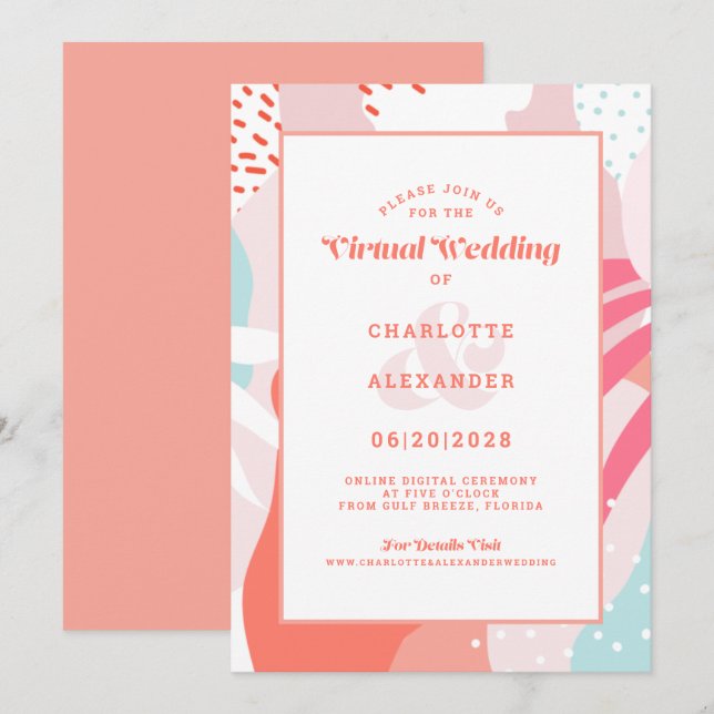 Virtuell online | Coral Modern Geometric Abstrakt Einladung (Vorne/Hinten)