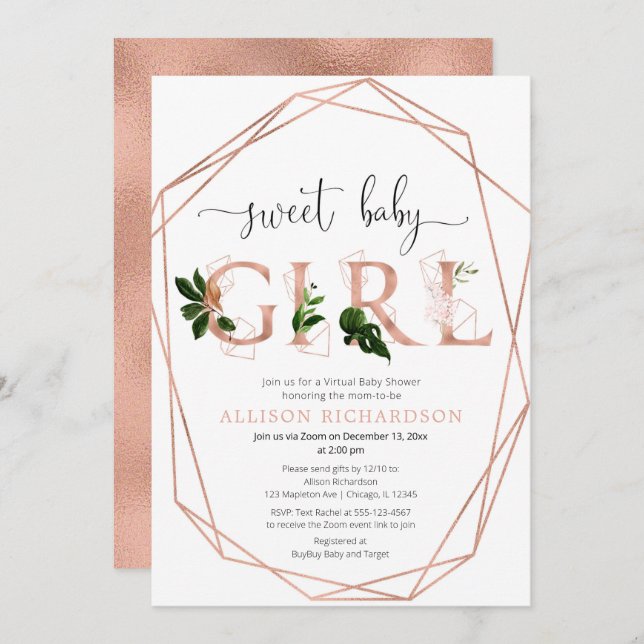 Virtuelle Babydusche Rose Gold Einladung (Vorne/Hinten)