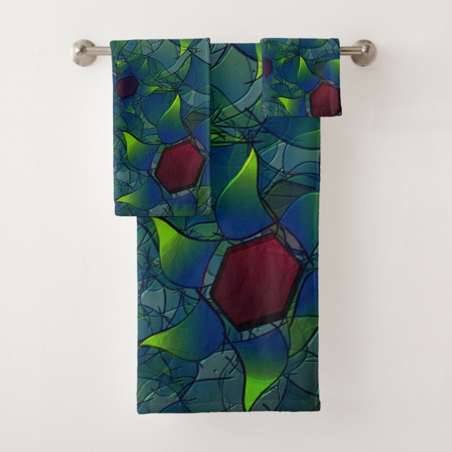Virtuelle Blüte mit dunkelrotem Hexagon mit blauer Badhandtuch Set (Insitu)