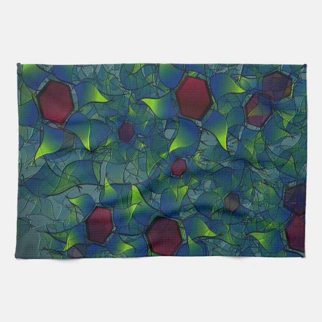 Virtuelle Blüte mit dunkelrotem Hexagon mit blauer Geschirrtuch (Horizontal)