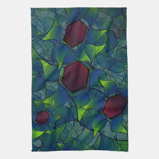 Virtuelle Blüte mit dunkelrotem Hexagon mit blauer Geschirrtuch (Vertikal)