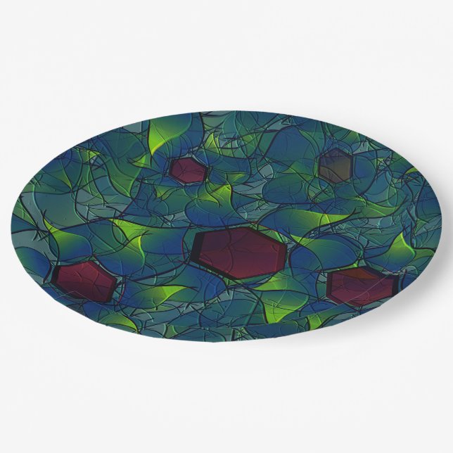 Virtuelle Blüte mit dunkelrotem Hexagon mit blauer Pappteller (Schrägansicht)