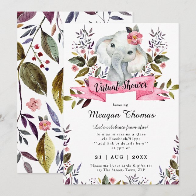 virtuelle Dusche neue Pläne Elefantenrosa Babydusc Einladung (Vorne/Hinten)