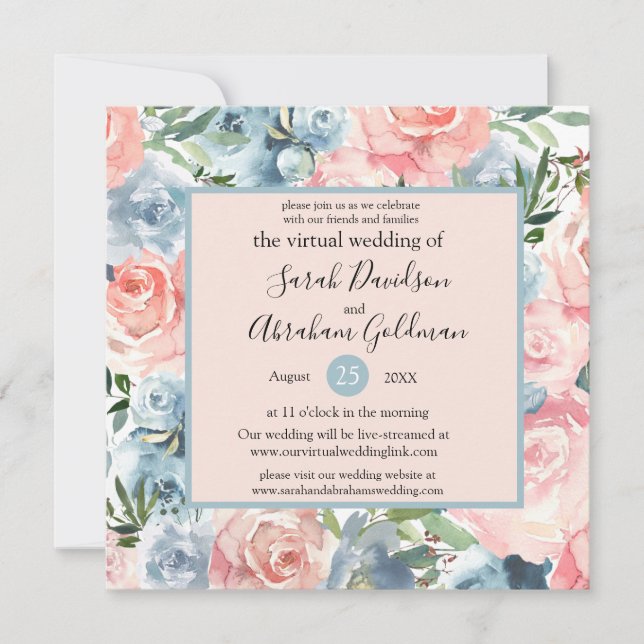 Virtuelle Einladungen für Hochzeiten - Rosa blaue  (Vorderseite)