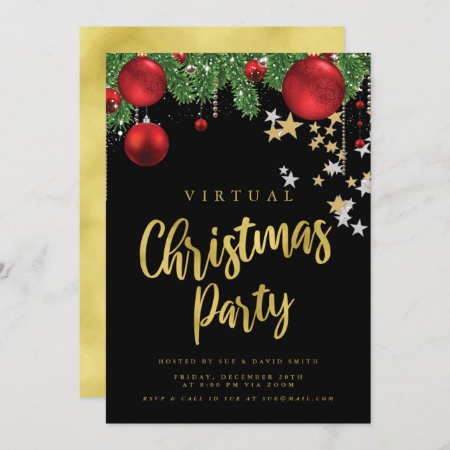VIRTUELLE Goldene Schwarze Weihnachtsfeier Einladung (Vorne/Hinten)