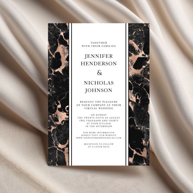 Virtuelle Hochzeit in Schwarz und Rose Einladung (Formal Black And Rose Gold Marble Virtual Wedding Invitation)