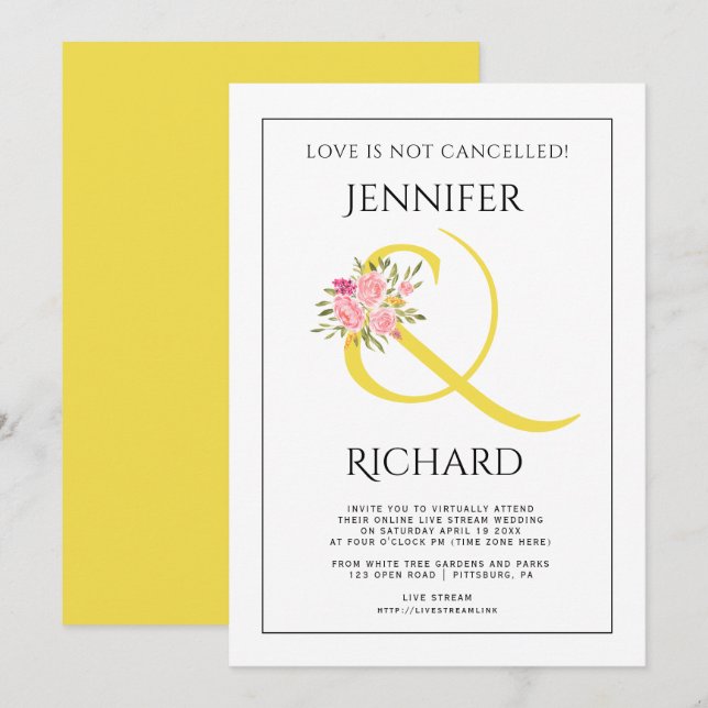 Virtuelle Hochzeit von Gelben Ampersand und Rosen Einladung (Vorne/Hinten)