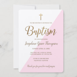 Virtuelle Taufe des modernen rosa weißen Goldrausc Einladung