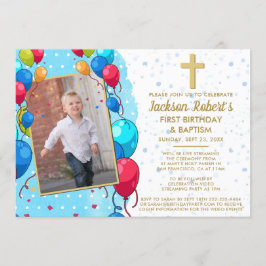 Virtuelles 1. Geburtstag Taufe Blue Gold Text Foto Einladung