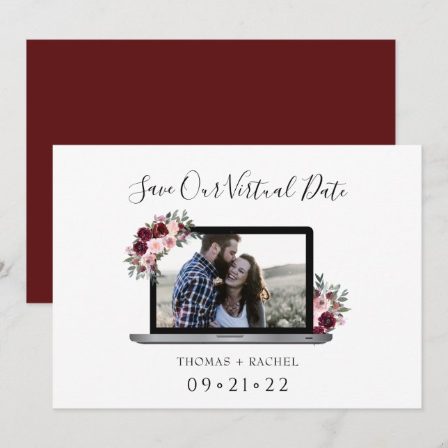 virtuelles Hochzeitklappenfolien für Bordeaux-Blum Save The Date (Vorne/Hinten)